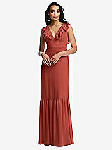 Front View Thumbnail - Amber Sunset Tiered Ruffle Plunge Neck Open-Back Maxi Dress with Deep Ruffle Skirt