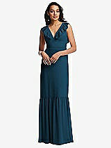 Front View Thumbnail - Atlantic Blue Tiered Ruffle Plunge Neck Open-Back Maxi Dress with Deep Ruffle Skirt