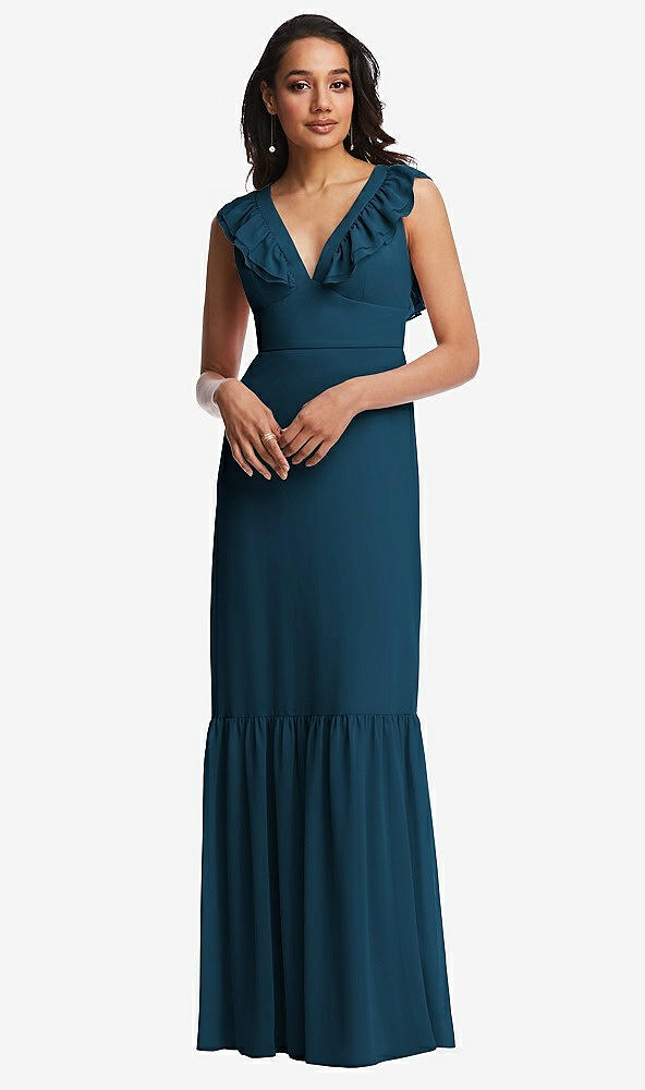 Front View - Atlantic Blue Tiered Ruffle Plunge Neck Open-Back Maxi Dress with Deep Ruffle Skirt