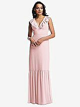 Front View Thumbnail - Ballet Pink Tiered Ruffle Plunge Neck Open-Back Maxi Dress with Deep Ruffle Skirt