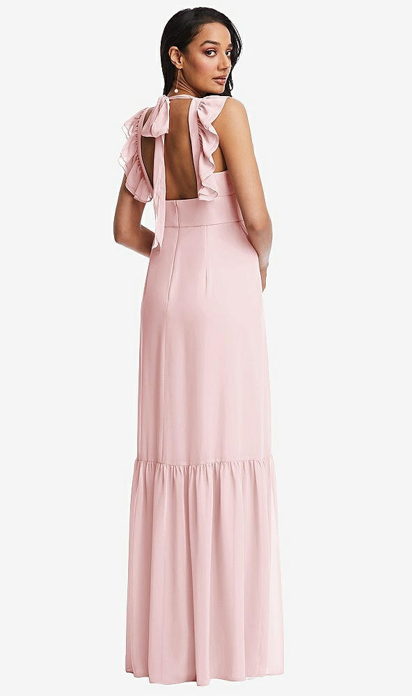 Back View - Ballet Pink Tiered Ruffle Plunge Neck Open-Back Maxi Dress with Deep Ruffle Skirt