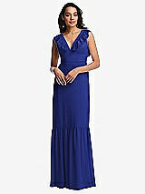 Front View Thumbnail - Cobalt Blue Tiered Ruffle Plunge Neck Open-Back Maxi Dress with Deep Ruffle Skirt