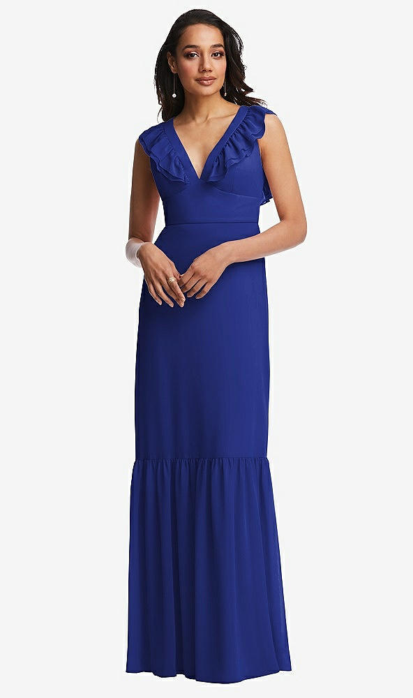 Front View - Cobalt Blue Tiered Ruffle Plunge Neck Open-Back Maxi Dress with Deep Ruffle Skirt