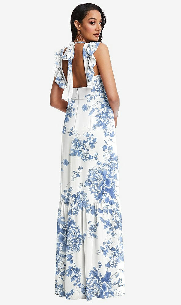 Back View - Cottage Rose Dusk Blue Tiered Ruffle Plunge Neck Open-Back Maxi Dress with Deep Ruffle Skirt