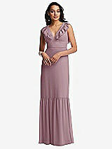 Front View Thumbnail - Dusty Rose Tiered Ruffle Plunge Neck Open-Back Maxi Dress with Deep Ruffle Skirt