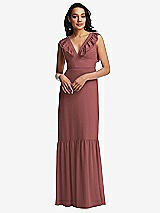 Front View Thumbnail - English Rose Tiered Ruffle Plunge Neck Open-Back Maxi Dress with Deep Ruffle Skirt