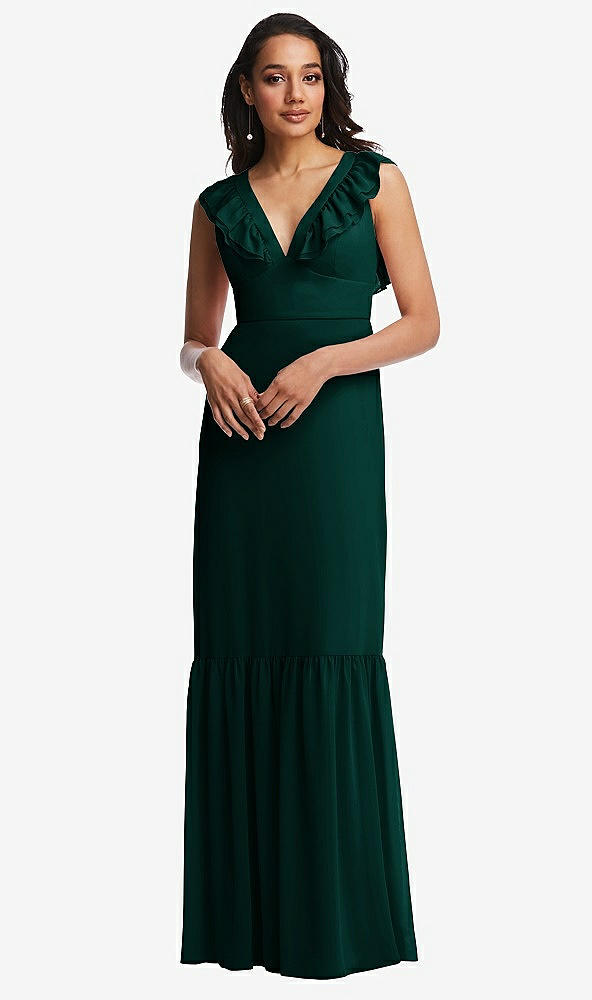Front View - Evergreen Tiered Ruffle Plunge Neck Open-Back Maxi Dress with Deep Ruffle Skirt