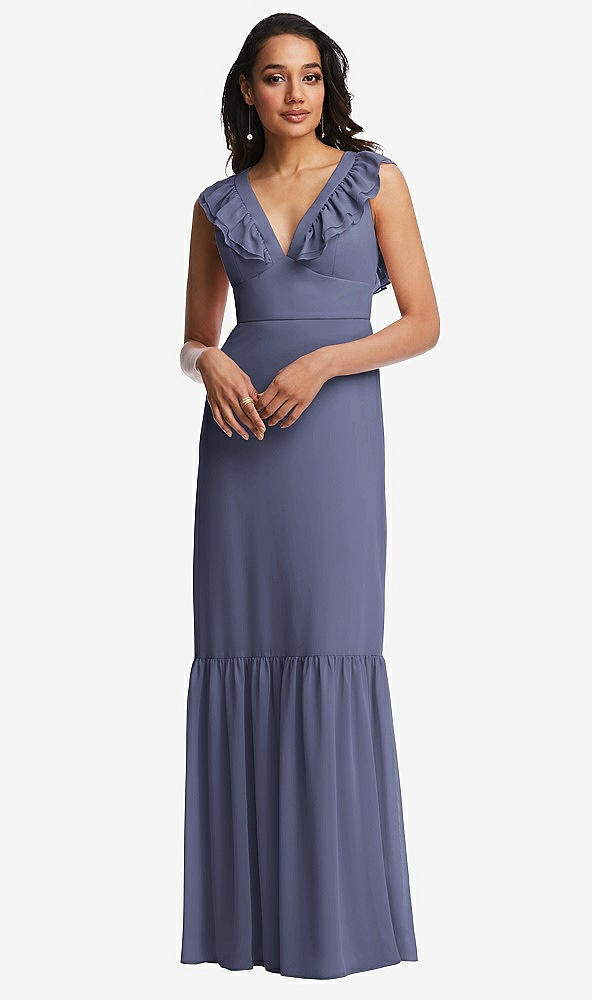 Front View - French Blue Tiered Ruffle Plunge Neck Open-Back Maxi Dress with Deep Ruffle Skirt