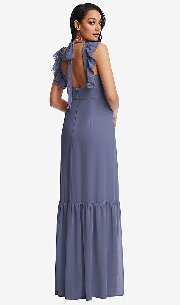 Back View - French Blue Tiered Ruffle Plunge Neck Open-Back Maxi Dress with Deep Ruffle Skirt