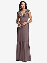 Front View Thumbnail - French Truffle Tiered Ruffle Plunge Neck Open-Back Maxi Dress with Deep Ruffle Skirt