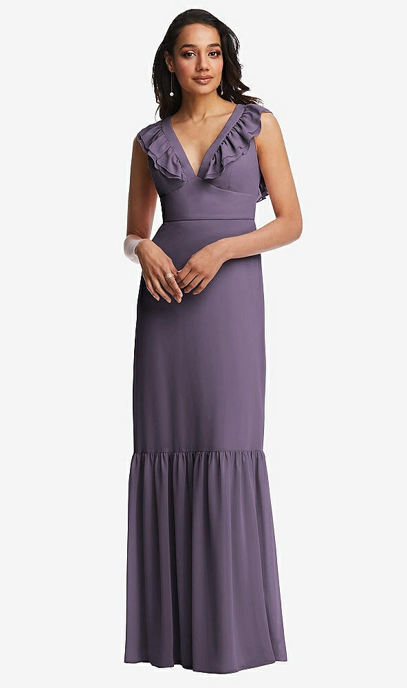 Front View - Lavender Tiered Ruffle Plunge Neck Open-Back Maxi Dress with Deep Ruffle Skirt