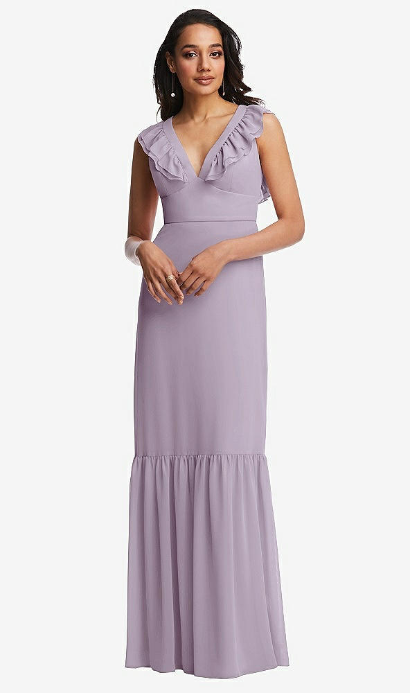 Front View - Lilac Haze Tiered Ruffle Plunge Neck Open-Back Maxi Dress with Deep Ruffle Skirt