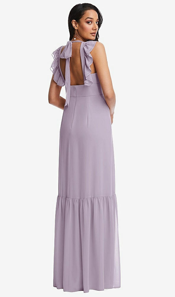 Back View - Lilac Haze Tiered Ruffle Plunge Neck Open-Back Maxi Dress with Deep Ruffle Skirt
