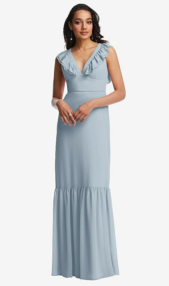 Front View - Mist Tiered Ruffle Plunge Neck Open-Back Maxi Dress with Deep Ruffle Skirt