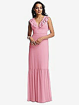 Front View Thumbnail - Peony Pink Tiered Ruffle Plunge Neck Open-Back Maxi Dress with Deep Ruffle Skirt