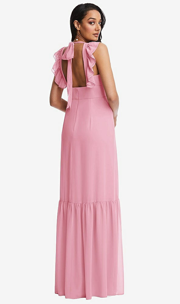 Back View - Peony Pink Tiered Ruffle Plunge Neck Open-Back Maxi Dress with Deep Ruffle Skirt