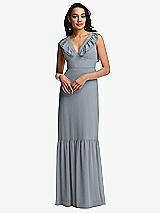 Front View Thumbnail - Platinum Tiered Ruffle Plunge Neck Open-Back Maxi Dress with Deep Ruffle Skirt