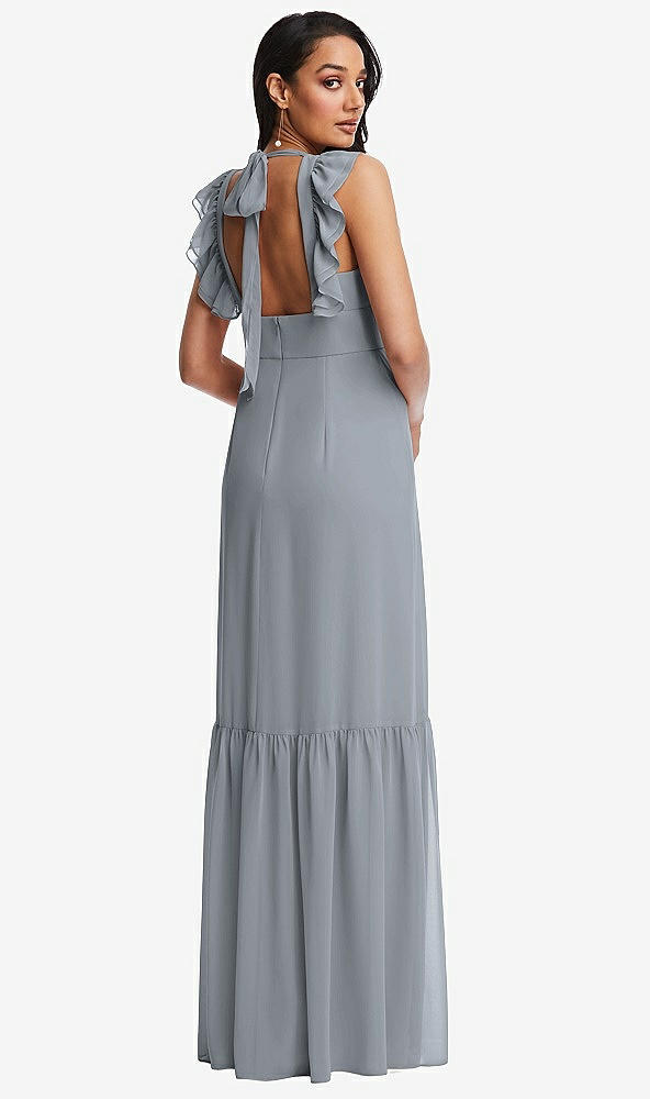 Back View - Platinum Tiered Ruffle Plunge Neck Open-Back Maxi Dress with Deep Ruffle Skirt