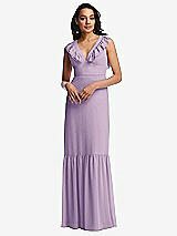 Front View Thumbnail - Pale Purple Tiered Ruffle Plunge Neck Open-Back Maxi Dress with Deep Ruffle Skirt