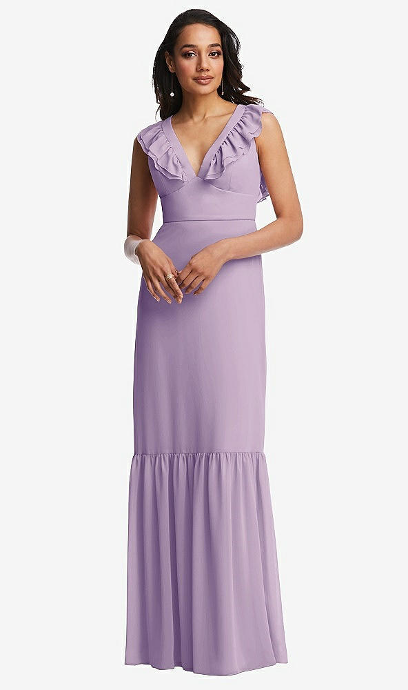 Front View - Pale Purple Tiered Ruffle Plunge Neck Open-Back Maxi Dress with Deep Ruffle Skirt