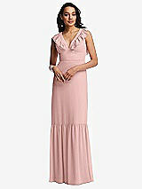 Front View Thumbnail - Rose - PANTONE Rose Quartz Tiered Ruffle Plunge Neck Open-Back Maxi Dress with Deep Ruffle Skirt