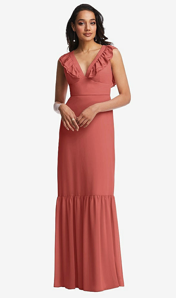 Front View - Coral Pink Tiered Ruffle Plunge Neck Open-Back Maxi Dress with Deep Ruffle Skirt