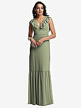 Front View Thumbnail - Sage Tiered Ruffle Plunge Neck Open-Back Maxi Dress with Deep Ruffle Skirt
