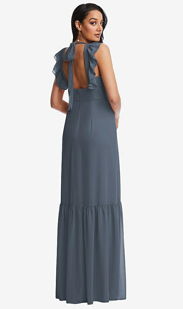 Back View - Silverstone Tiered Ruffle Plunge Neck Open-Back Maxi Dress with Deep Ruffle Skirt