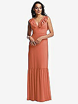 Front View Thumbnail - Terracotta Copper Tiered Ruffle Plunge Neck Open-Back Maxi Dress with Deep Ruffle Skirt