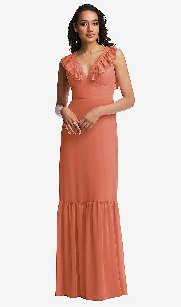 Front View - Terracotta Copper Tiered Ruffle Plunge Neck Open-Back Maxi Dress with Deep Ruffle Skirt