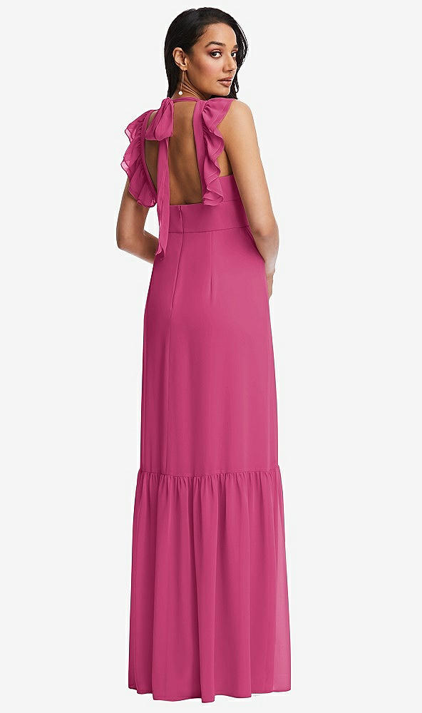 Back View - Tea Rose Tiered Ruffle Plunge Neck Open-Back Maxi Dress with Deep Ruffle Skirt