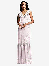 Front View Thumbnail - Watercolor Print Tiered Ruffle Plunge Neck Open-Back Maxi Dress with Deep Ruffle Skirt