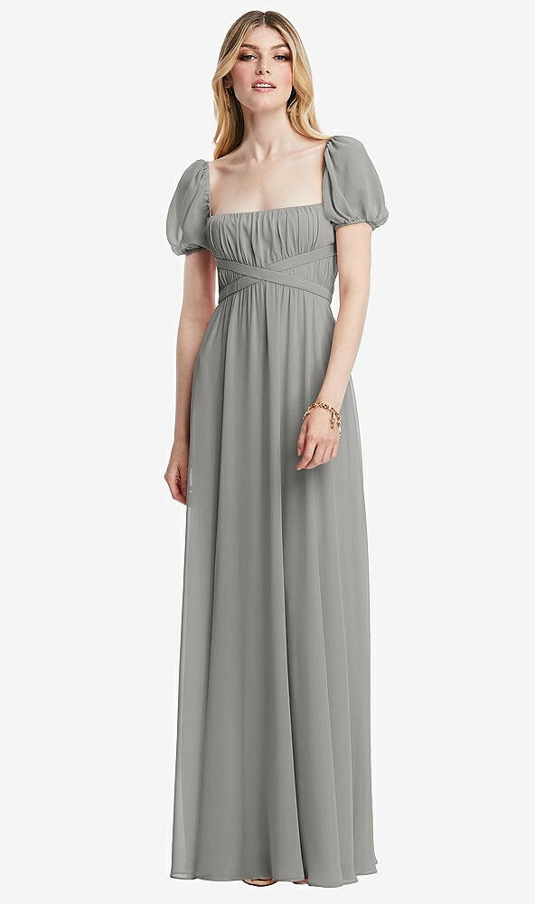 Front View - Chelsea Gray Regency Empire Waist Puff Sleeve Chiffon Maxi Dress