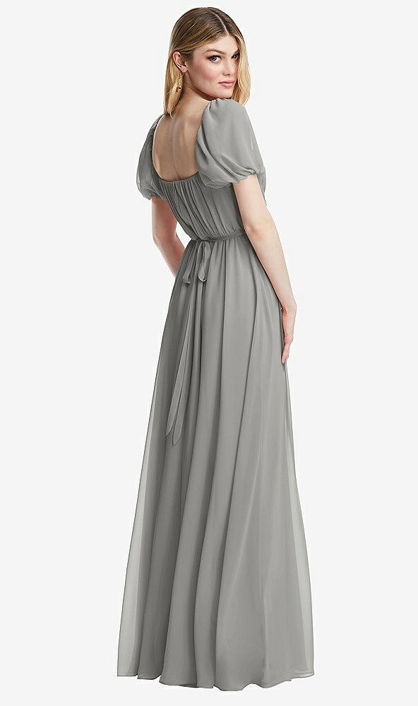 Back View - Chelsea Gray Regency Empire Waist Puff Sleeve Chiffon Maxi Dress
