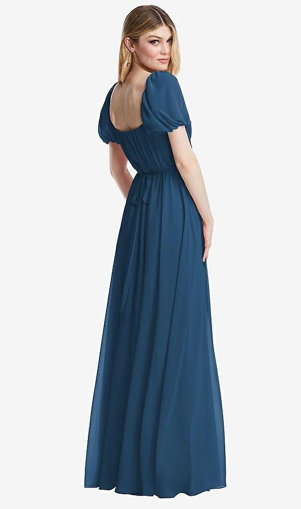 Back View - Dusk Blue Regency Empire Waist Puff Sleeve Chiffon Maxi Dress