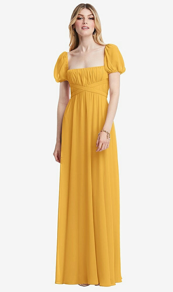 Front View - NYC Yellow Regency Empire Waist Puff Sleeve Chiffon Maxi Dress