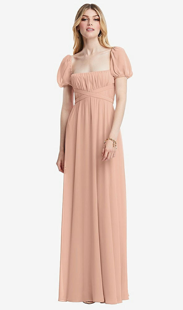 Front View - Pale Peach Regency Empire Waist Puff Sleeve Chiffon Maxi Dress