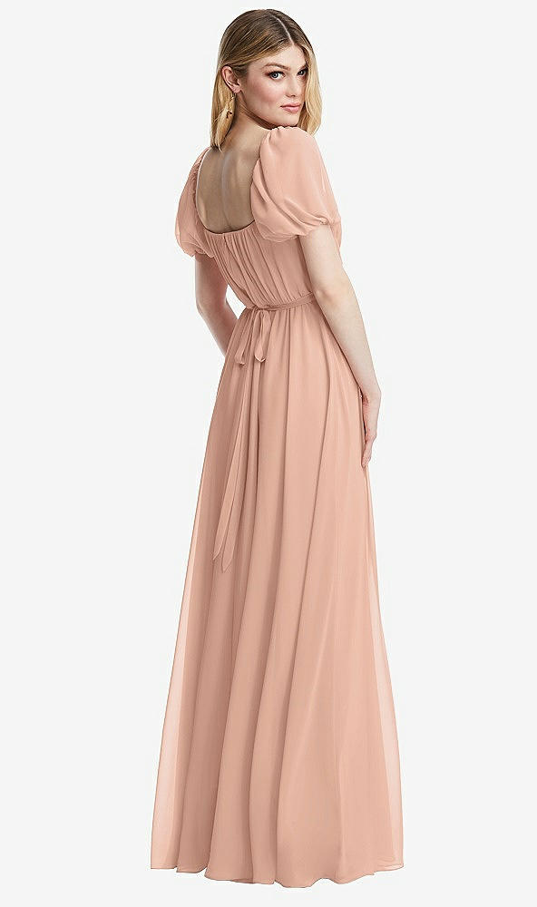 Back View - Pale Peach Regency Empire Waist Puff Sleeve Chiffon Maxi Dress