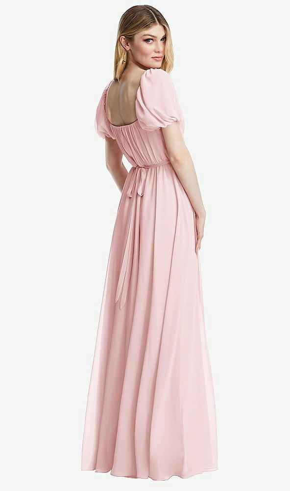Back View - Ballet Pink Regency Empire Waist Puff Sleeve Chiffon Maxi Dress