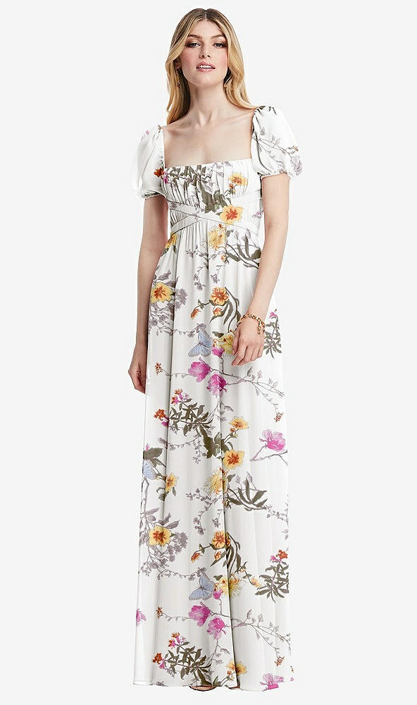 Front View - Butterfly Botanica Ivory Regency Empire Waist Puff Sleeve Chiffon Maxi Dress