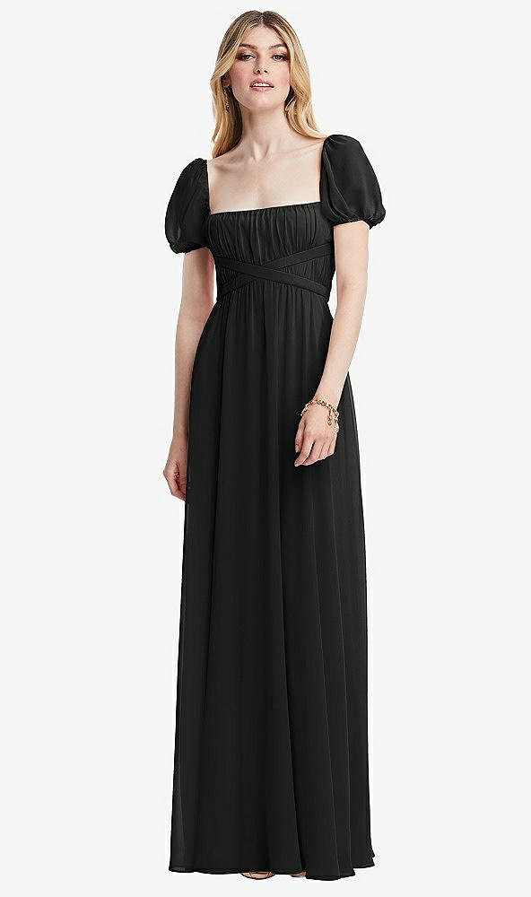 Front View - Black Regency Empire Waist Puff Sleeve Chiffon Maxi Dress