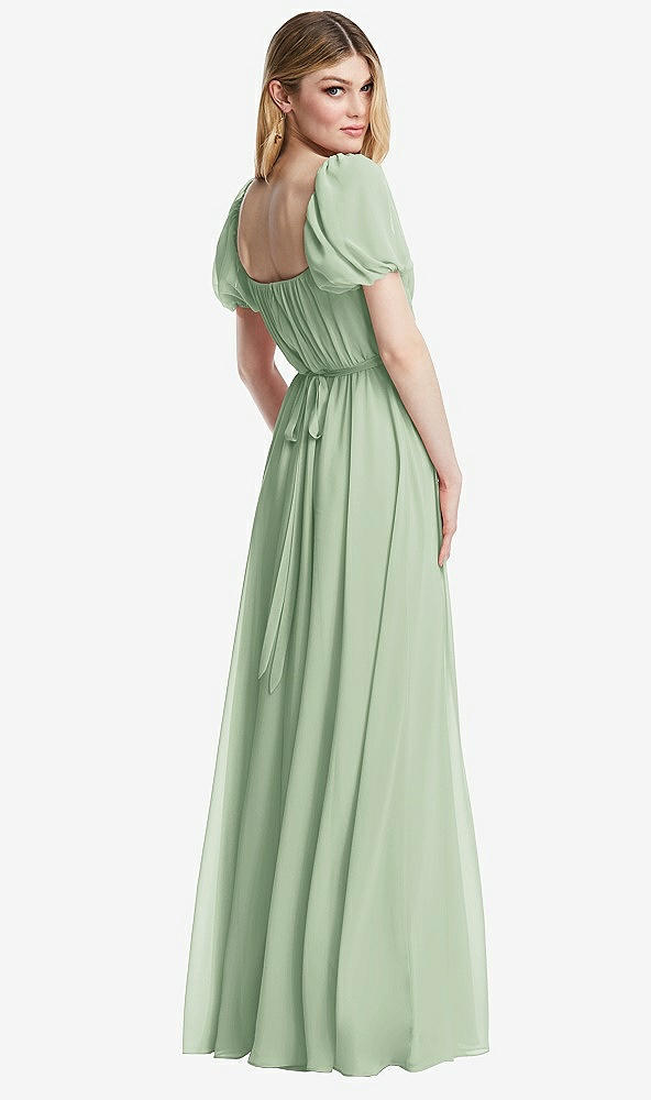 Back View - Celadon Regency Empire Waist Puff Sleeve Chiffon Maxi Dress