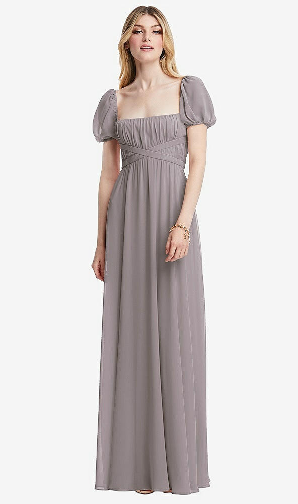 Front View - Cashmere Gray Regency Empire Waist Puff Sleeve Chiffon Maxi Dress