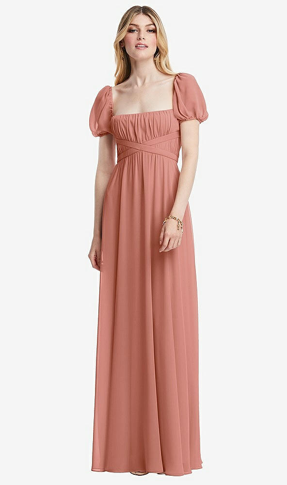 Front View - Desert Rose Regency Empire Waist Puff Sleeve Chiffon Maxi Dress
