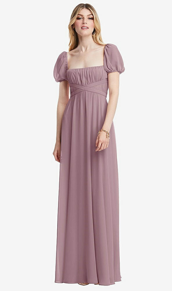 Front View - Dusty Rose Regency Empire Waist Puff Sleeve Chiffon Maxi Dress