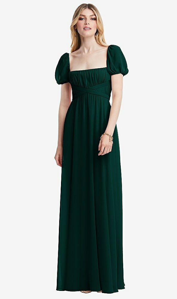 Front View - Evergreen Regency Empire Waist Puff Sleeve Chiffon Maxi Dress