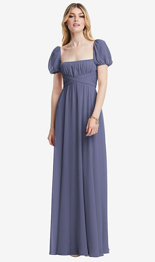 Front View - French Blue Regency Empire Waist Puff Sleeve Chiffon Maxi Dress
