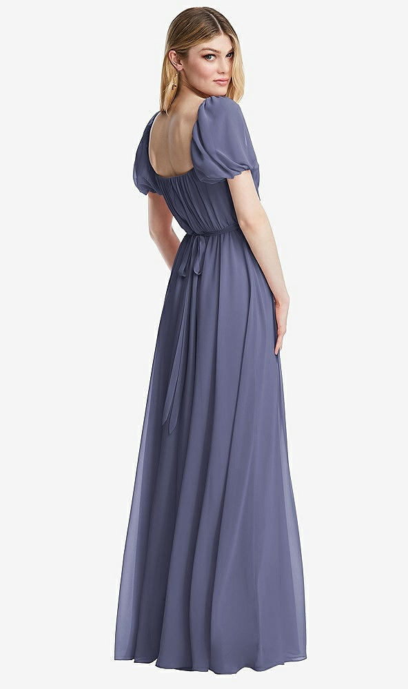 Back View - French Blue Regency Empire Waist Puff Sleeve Chiffon Maxi Dress