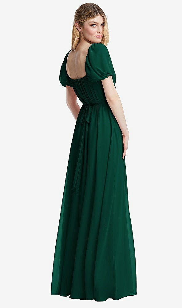 Back View - Hunter Green Regency Empire Waist Puff Sleeve Chiffon Maxi Dress
