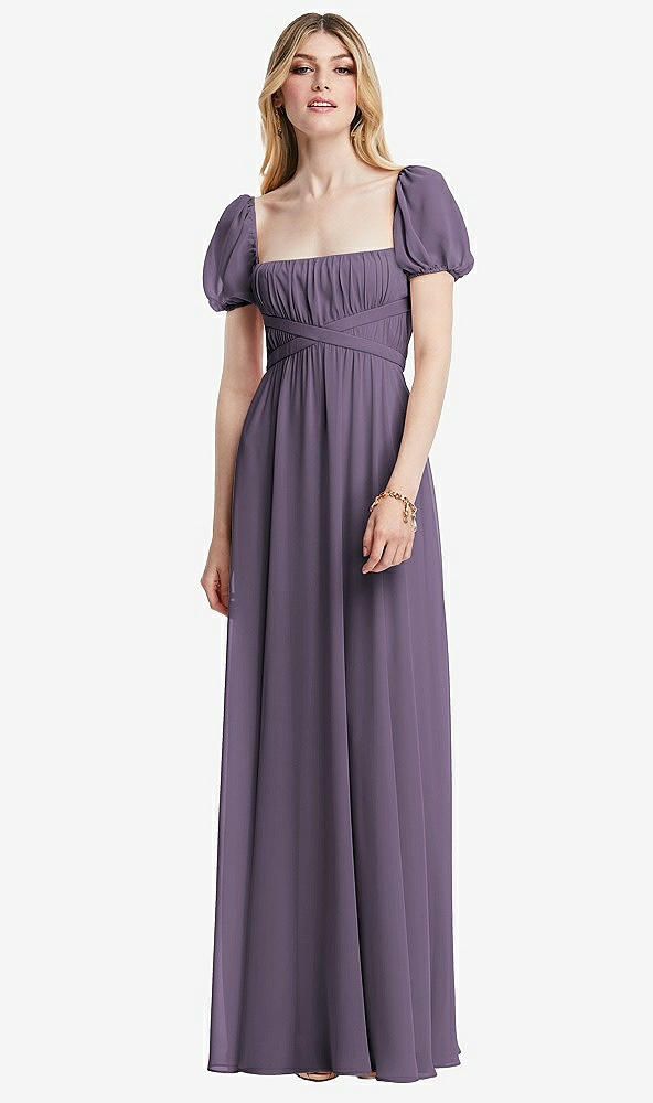 Front View - Lavender Regency Empire Waist Puff Sleeve Chiffon Maxi Dress